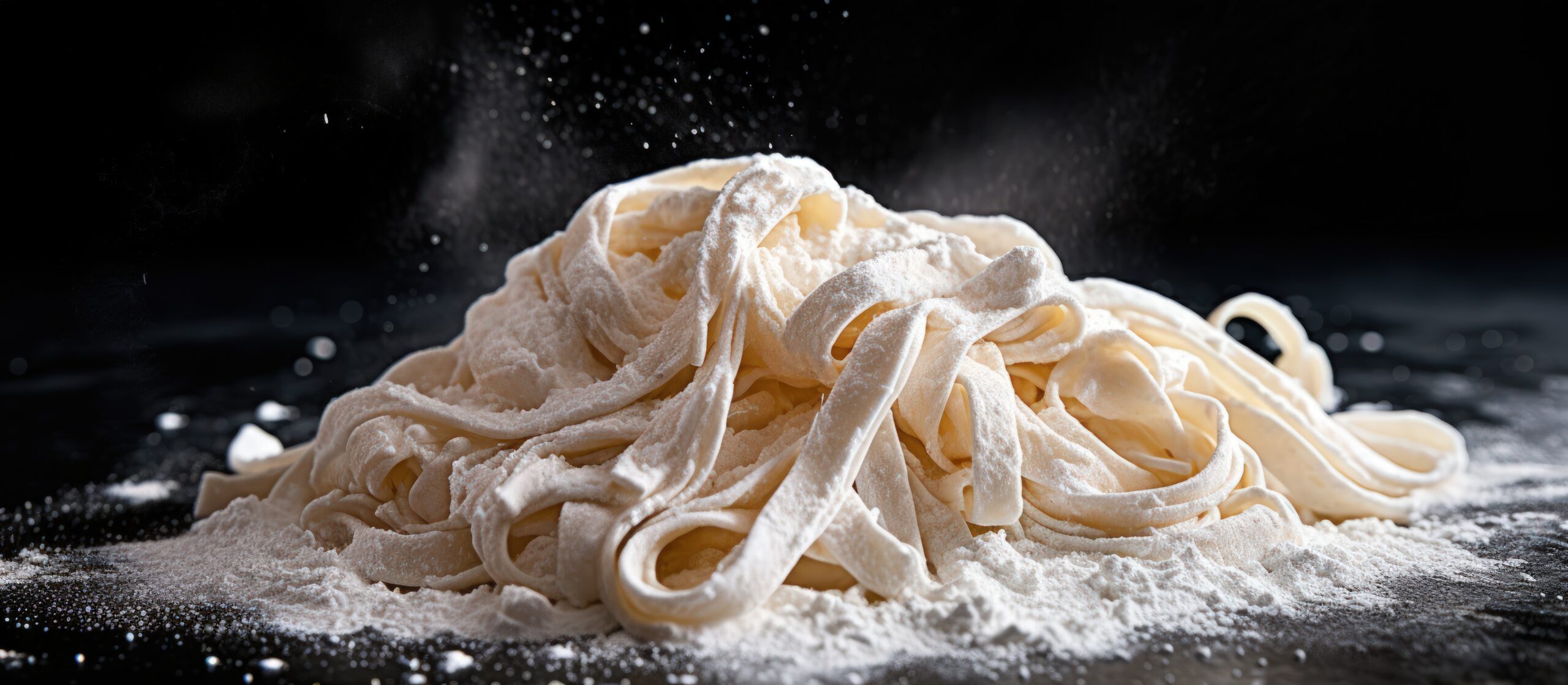 Pasta covered in white flour on black background